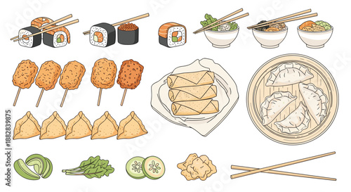 Assortment of traditional asian appetizers featuring sushi rolls, fried skewers, spring rolls, and steamed dumplings with dipping sauces.