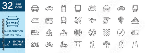 Transportation, vehicles and road icon set in thin line design. Contains symbol of airplane, car, bus, bicycle, motorcycle, truck, ship, cargo, tram, taxi, crossroad, tunnel, flyover, traffic light.