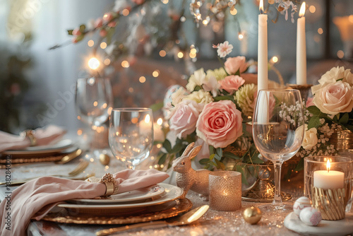 Easter banner 2026. Table setting. Ornamental plate, cutlery, glasses, Easter eggs, and bunnies. Easter celebration concept for cafes and restaurants.