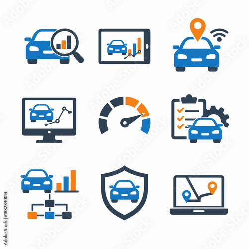 Car data analytics and monitoring icons for automotive industry tools