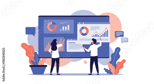 Team of business professionals analyzes complex data visualizations and growth charts on a large interactive digital dashboard screen.