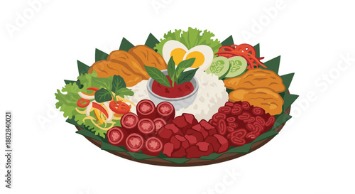 Traditional indonesian ceremonial dish featuring a cone of white rice surrounded by assorted side dishes like fried chicken, meat, and eggs.