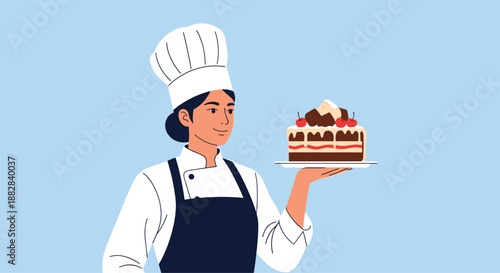 Professional female pastry chef in uniform and hat proudly presents a beautifully decorated layer cake topped with chocolate and cherries.
