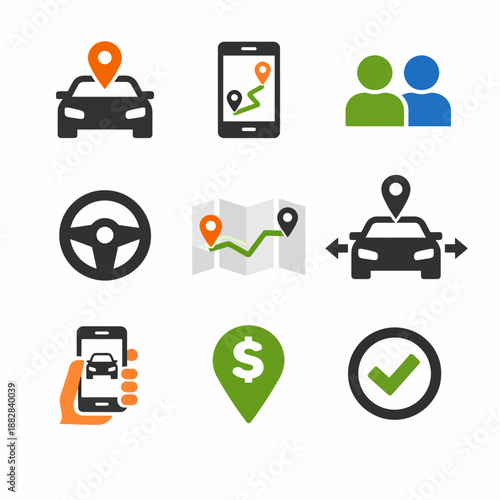 Navigation and car ride-sharing icons featuring maps and gps elements