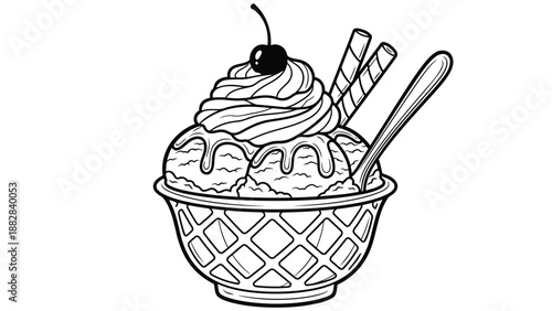 a detailed black and white drawing depicts a delicious ice cream sundae with wafers and a cherry on
