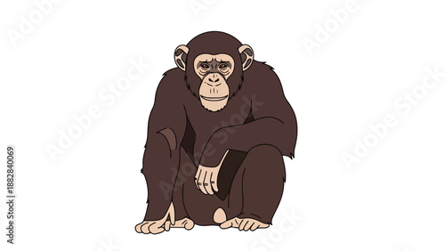 A charming cartoon chimpanzee illustration, seated with a gentle expression on a crisp white background, perfect for engaging educational and