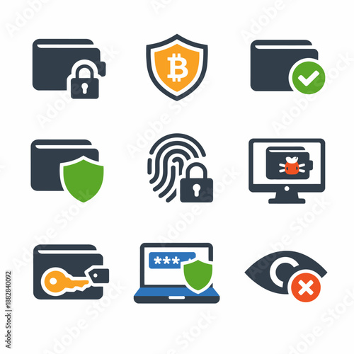 Cybersecurity icons collection featuring bitcoin and security elements