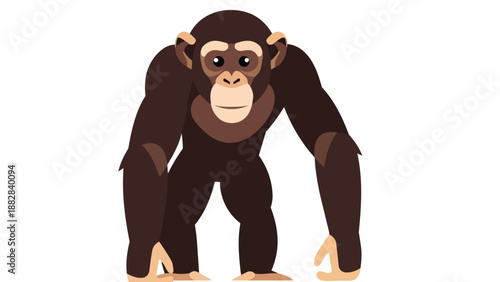 An endearing flat design illustration of a captivating chimpanzee, portrayed in a grounded stance, ideal for educational content, conveying a sense