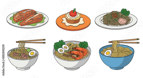 Variety of food dishes including grilled salmon steaks, a sweet dessert pastry, and several bowls of traditional asian noodle soups.