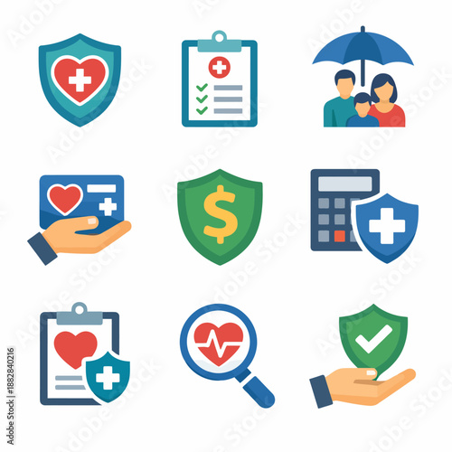 Healthcare insurance icons set with family, shield, checklist, dollar sign, and heart