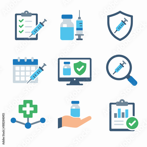 Medical vaccination icons featuring syringe, shield, and calendar representing healthcare and immunization