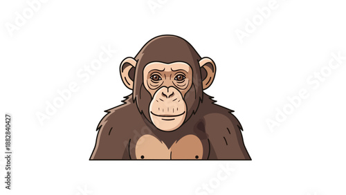 An endearing cartoon chimpanzee illustration portraying a brown furred primate with gentle expressive facial features set against a crisp pure white