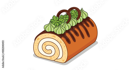 Delicious swiss roll cake featuring a light sponge, cream filling, chocolate glaze, and decorative swirls of green frosting on top.