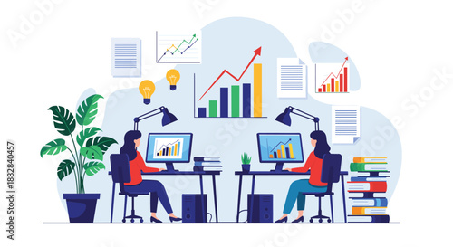 Efficient office team of two people working on computers surrounded by stacks of books, financial charts, and creative ideas.