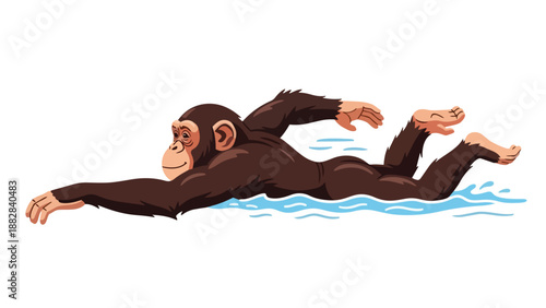 This animated illustration captures a cheerful chimpanzee gracefully propelling itself through clear blue water in a delightful and engaging manner.