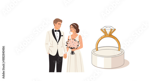 Happy bride and groom in wedding attire stand next to a giant sparkling diamond engagement ring box during their celebration.