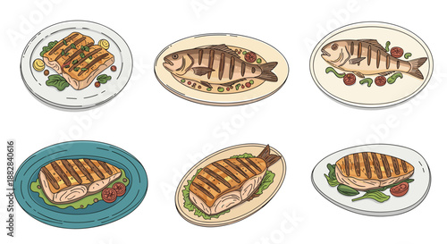 Assortment of gourmet grilled fish dishes served on elegant plates with lemon, herbs, and assorted vegetable garnishes.