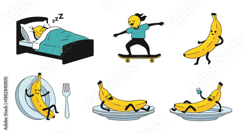 Funny banana character in various daily life situations including sleeping, skateboarding, eating, and relaxing on a plate.