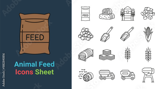 Black outline icon sheet of farming and animal feed elements