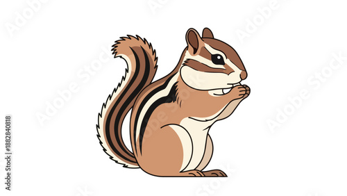Charming illustrated chipmunk with prominent stripes, a delightful depiction of a small rodent foraging with tiny paws, showcasing its distinctive