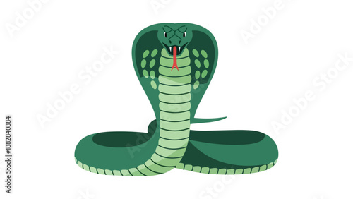 A striking green cobra illustration, presenting a venomous reptile with an expanded hood and flicking tongue against a clean white backdrop.