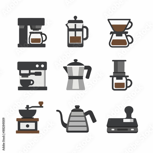 Various coffee brewing equipment with different styles and designs