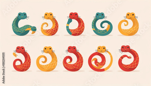 Flat illustration of assorted Chinese Zodiac Snake icons arranged neatly in two rows on a simple plain background