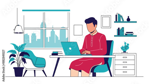 Vector illustration of an Indian man wearing a traditional kurta working on a laptop in a modern home office, representing cultural identity combined with contemporary remote work lifestyle