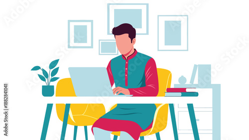 Vector illustration of an Indian man wearing a traditional kurta working on a laptop in a modern home office, representing cultural identity combined with contemporary remote work lifestyle