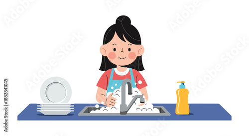 Young girl wearing an apron and washing dishes with soap bubbles in a kitchen sink in a cute and simple flat vector illustration.