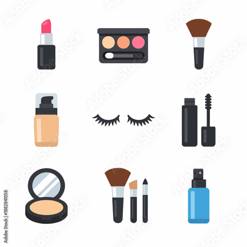 Cosmetic products flat icons set: lipstick, mascara, brushes, eyeshadow, foundation
