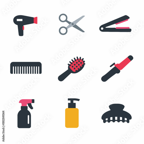 Hair styling tools collection: dryer, scissors, straightener, comb, brush, curler, spray, lotion, clip