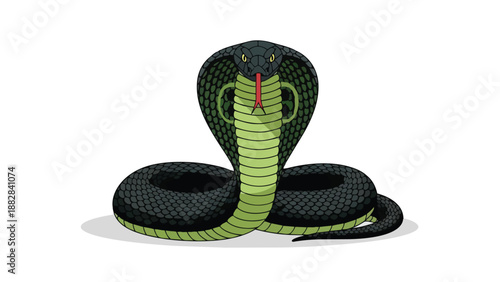 An impactful illustration of a majestic hooded cobra with its vibrant green body and ominous dark scales poised to strike presenting a powerful and