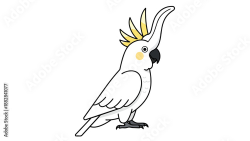 A charming and simplistic cartoon illustration of a majestic white cockatoo with a vibrant yellow crest standing proudly against a clean, plain