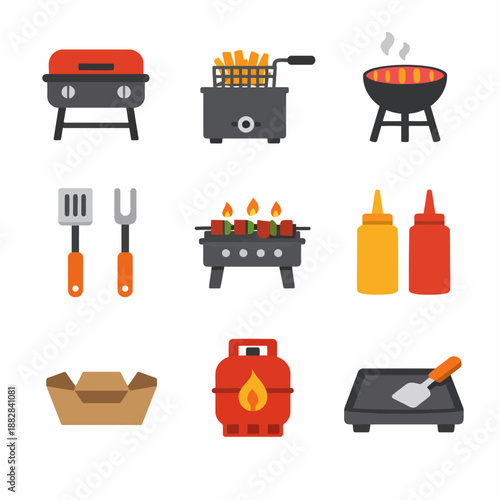 Grill and bbq icons set with utensils and accessories