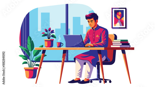 Vector illustration of an Indian man wearing a traditional kurta working on a laptop in a modern home office, representing cultural identity combined with contemporary remote work lifestyle