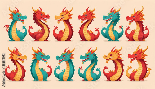 Flat illustration of assorted Chinese Zodiac Dragon icons arranged neatly in two rows on a simple plain background