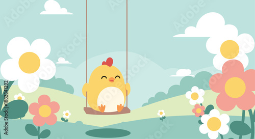 Adorable yellow chick sitting on a swing in a peaceful meadow with colorful flowers and white clouds in a soft cartoon illustration.