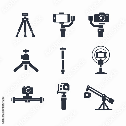 Camera equipment icons: tripods, gimbals, stabilizers, and accessories