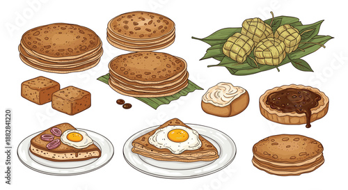 Selection of traditional Indonesian snacks including pancakes, layered cakes, ketupat, and martabak in a detailed hand-drawn illustration style.