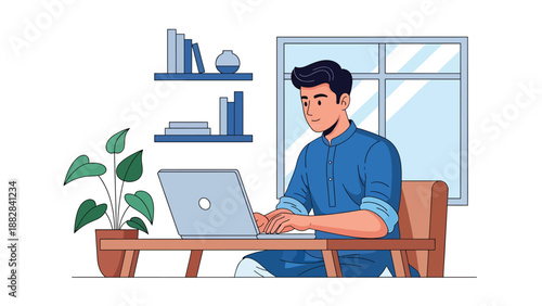 Vector illustration of an Indian man wearing a traditional kurta working on a laptop in a modern home office, representing cultural identity combined with contemporary remote work lifestyle
