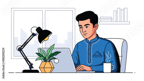 Vector illustration of an Indian man wearing a traditional kurta working on a laptop in a modern home office, representing cultural identity combined with contemporary remote work lifestyle