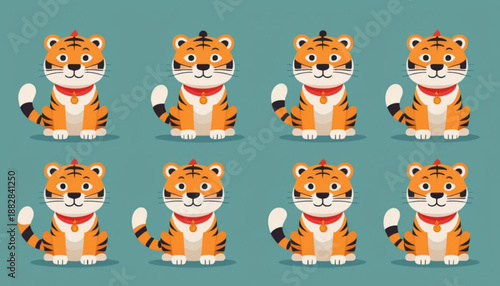 Flat illustration of assorted Chinese Zodiac Tiger icons arranged neatly in two rows on a simple plain background