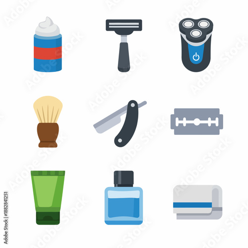 Men's grooming essentials: shaving tools and skincare products icon collection