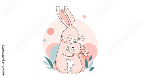 Large pink rabbit warmly hugging a smaller bunny surrounded by soft colorful shapes and leaves in a sweet and gentle illustration.