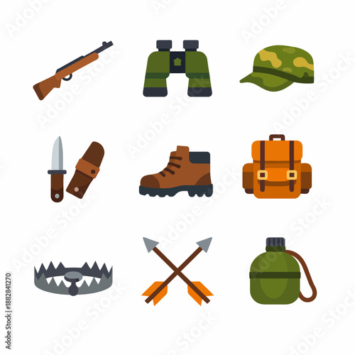 Hunting equipment set: rifle, binoculars, hat, knife, boots, backpack, bear trap, arrows, canteen