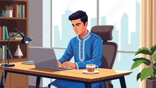 Vector illustration of an Indian man wearing a traditional kurta working on a laptop in a modern home office, representing cultural identity combined with contemporary remote work lifestyle
