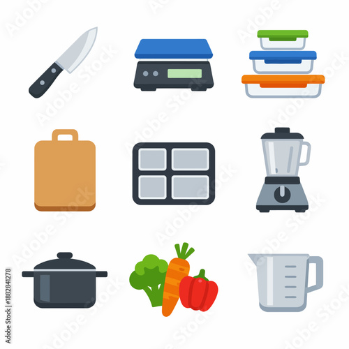 Kitchen utensils and appliances set with cutting board and vegetables
