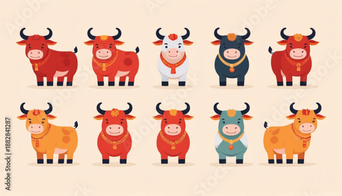 Flat illustration of six assorted Chinese Zodiac Ox (Shio Kerbau) icons 