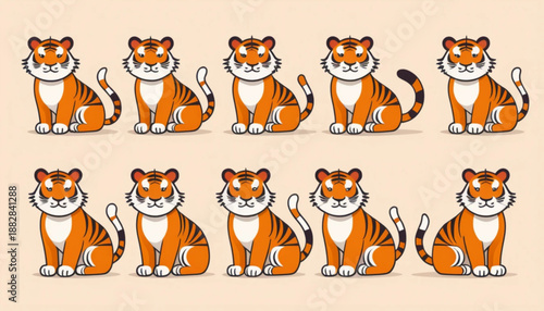Flat illustration of assorted Chinese Zodiac Tiger icons arranged neatly in two rows on a simple plain background